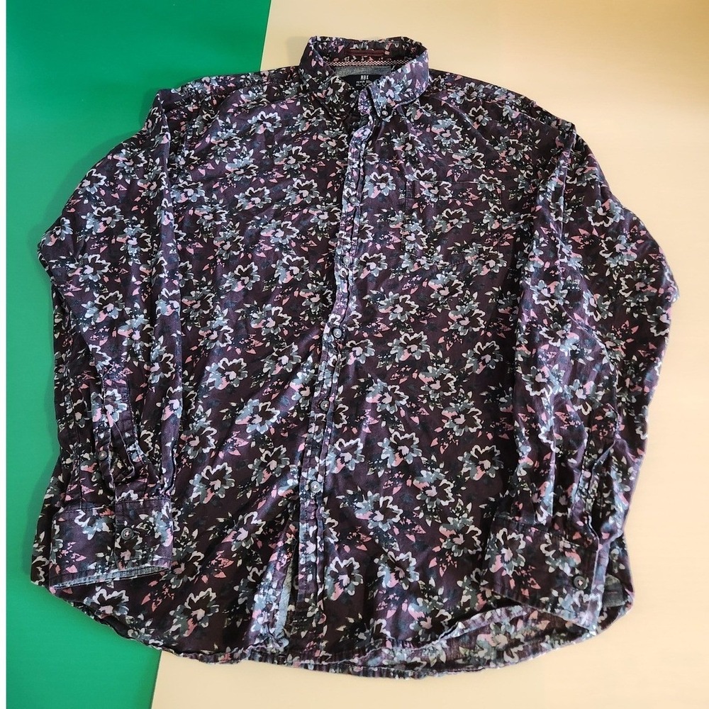 MBX Button Down Shirt Mens Large Purple Floral Long Sleeve Cotton Premium Goods